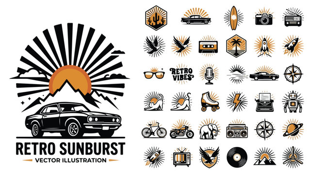Retro sunburst vector illustration set, vintage badge collection with classic cars and mountains, 40 icons for t-shirt design and branding