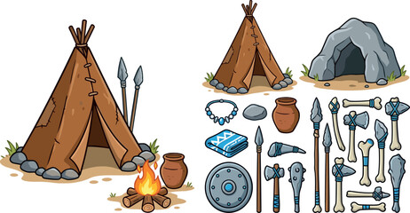 Prehistoric Stone Age Vector Element Set Featuring Caveman Teepee Tents Stone Cave Bonfire Weapons Spear and Axe Graphics for History Education Game Designs © MstRozina