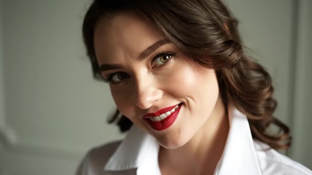 Portrait of a smiling professional woman with brown hair and red lipstick wearing a white collared shirt