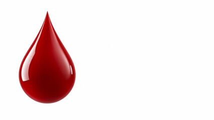 Fototapeta premium Glossy red blood drop isolated on a pure white background. Clean, minimalist 3D render with abundant copy space. Perfect for World Blood Donor Day, healthcare marketing, and medical charity campaigns.