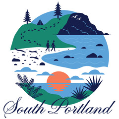 Naklejka premium South Portland Maine Coastal Hiking and Camping Vector Illustration - Circular Nature Emblem with Sunset, Ocean Beach, Pine Trees, and Mountain Landscape