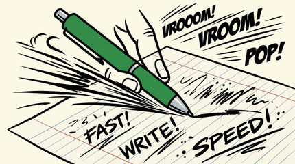 Naklejka premium Cartoon Green Pen Writing Fast on Lined Paper with Motion Streaks and Action Lines for Deadline or Speed Concept