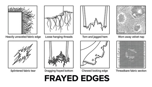Eight different types of frayed fabric edges and tears shown in detailed line drawings.