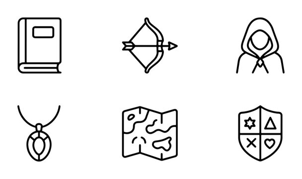 Fantasy Adventure Icons: Book, Bow, Hooded Figure, Necklace, Map, Shield Set
