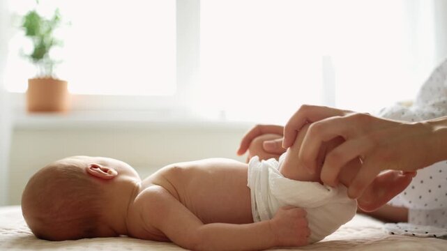 Caring mother's hands giving a therapeutic massage and doing leg exercises with her newborn infant to prevent colic, promoting healthy digestion and physical development in a bright room