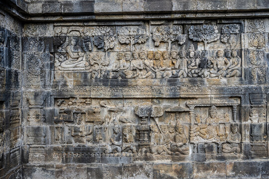 Stone relief carvings at Borobudur Temple