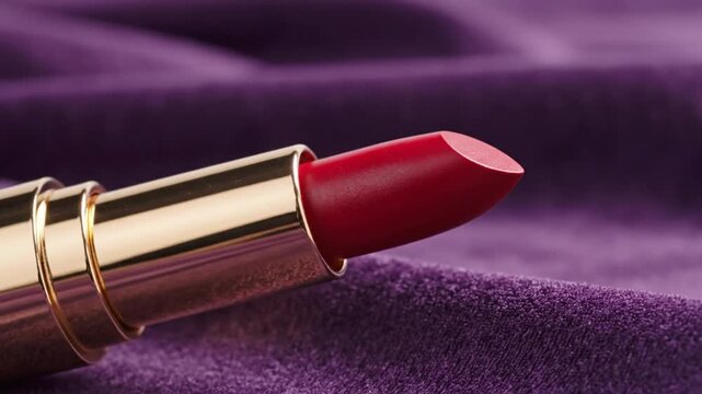 Close-up of a luxurious red lipstick with a golden case laying on a purple velvet background