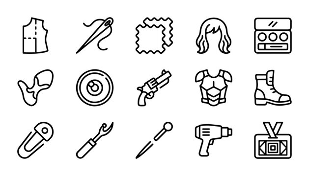 Sewing, Costume, and Craft Icons: Needle, Fabric, Wig, Makeup, Gun, Armor, Boot