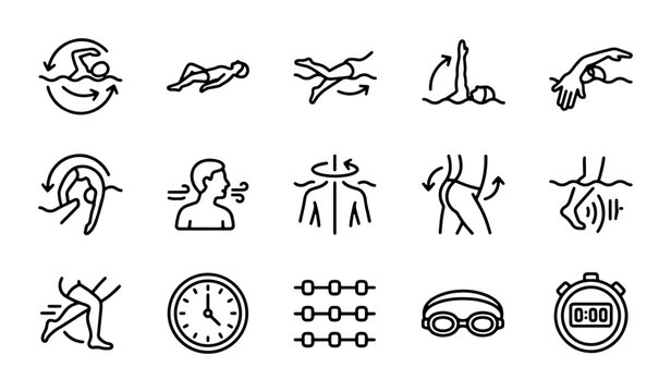 Swimming Icons Set, Water Sports Graphics, Aquatic Activity Symbols, Pool Exercise Vector Collection