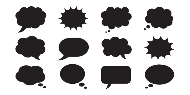 Collection of black solid speech bubble silhouettes for comic book expression on transparent back.