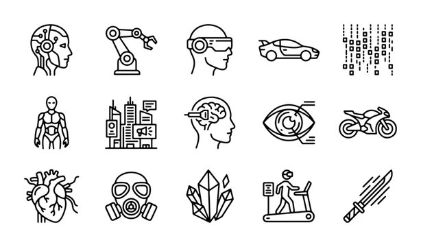 Futuristic Technology Icons: AI Robot, VR Headset, Sports Car, Brain, Eye, Heart, Gas Mask, Crystals, Treadmill, Sword, Binary Code, Motorcycle, Cityscape