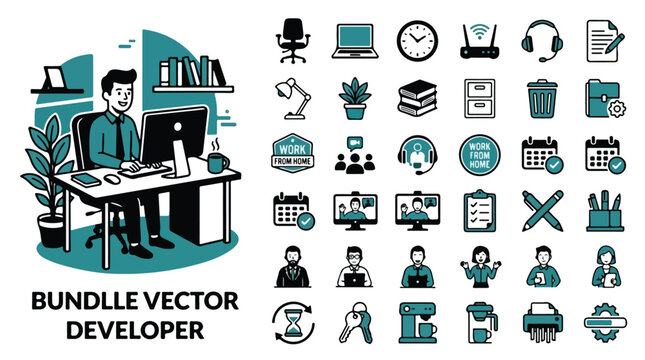 Developer bundle vector illustration, remote work office icons set, professional software programmer at desk, teal and black business workspace graphics