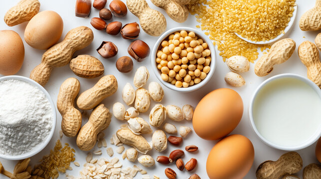 Assortment of common allergenic foods including peanuts, eggs, milk, soybeans, nuts and grains on white background. Food allergy awareness, nutrition, intolerance and healthcare concept.