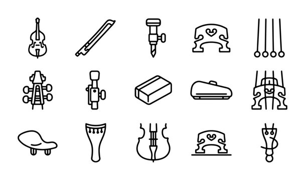 String Instrument Parts Vector Icons: Violin, Viola, Cello, Bass Accessories Set