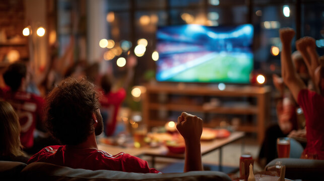 Group of sports fans cheering while watching a football match on television in a cozy living room. Home entertainment, game night, friendship, and sports viewing party concept.