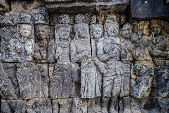 Stone relief carvings at Borobudur Temple