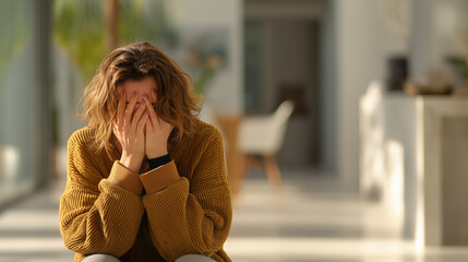 Fototapeta premium Upset woman sitting indoors with hands covering her face in emotional distress. Concept of stress, anxiety, mental health challenges, burnout, depression, personal problems, and emotional exhaustion.