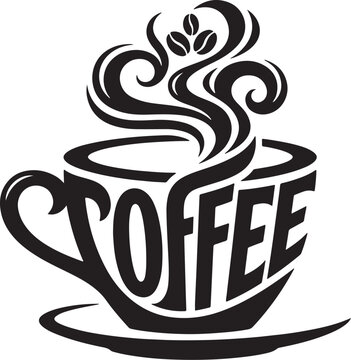 Coffee cup silhouette with steaming aroma and typography artistic design element for cafe interior wall sticker shop menu logo illustration.