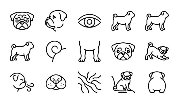 Pug Dog Icon Set, Cute Pet Vector Graphics, Animal Head and Body Illustrations