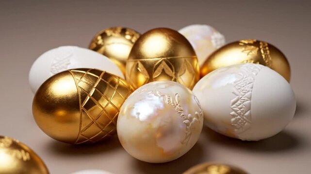 Luxurious Easter egg collection, featuring gold, pearl, and white designs, close-up shot.