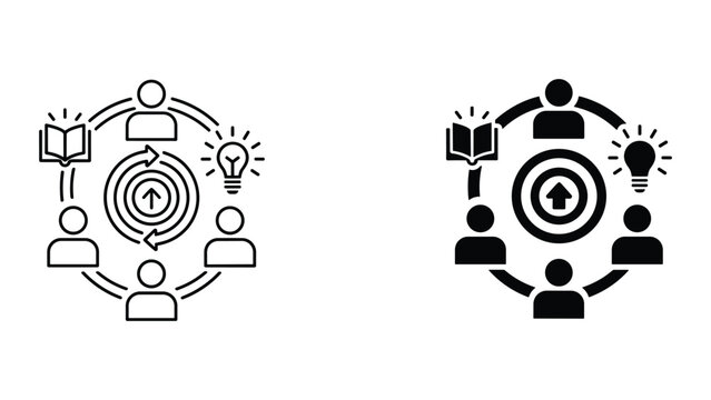 Team knowledge sharing and innovation circle icon set with people book and lightbulb symbols for cyclical business improvement and continuous learning management systems