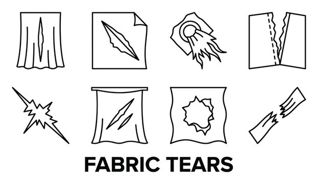Fabric tears set showing rip snag burn hole and seam split in clothing with electrical shock.