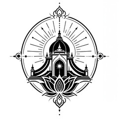 Fototapeta premium Sacred Lotus Temple Emblem with Radiant Sunburst and Ornamental Mandala Design