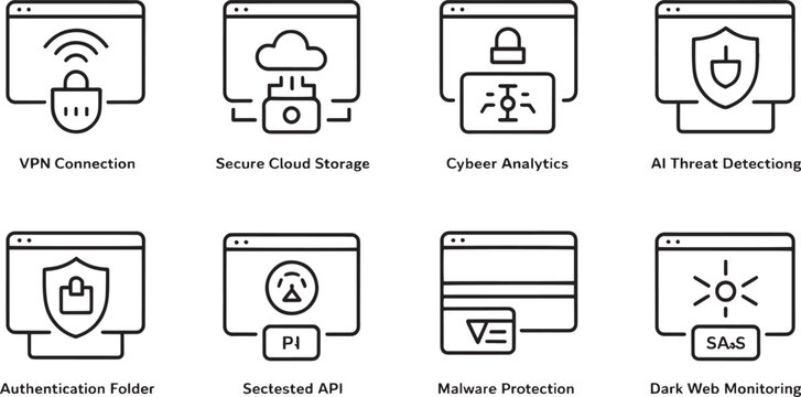 Cybersecurity and data protection vector icon set with minimal line symbols for dashboard software interface