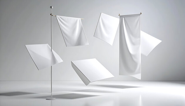 Group of blank white fabric banners and flags suspended mid-air, advertising mockups, neutral background, design template