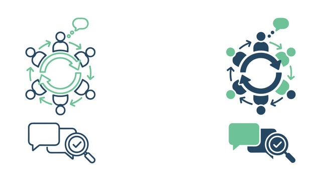 Team communication and iterative feedback loop icon set with magnifying glass verification for business management