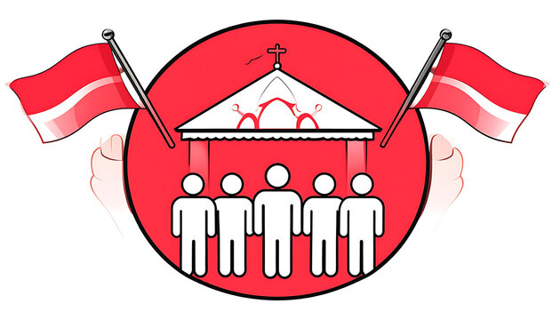 Group of simplified people standing under a structure with flags, representing community event or gathering, national celebration symbol