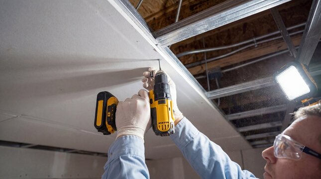 Professional contractor installing drywall on a ceiling using a cordless power drill and metal framing studs