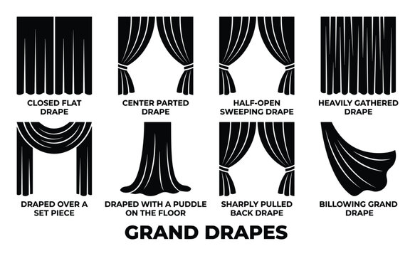 Grand drapes styles showing closed open draped and gathered curtains with floor puddle and billowing effects.