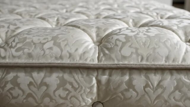Close up view of elegant white tufted mattress with floral pattern and buttons for luxurious sleep and comfort