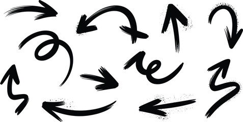Obraz premium Hand drawn brush stroke arrows vector set, grunge paint direction pointer signs on white
