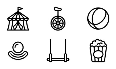 Circus Icons Set: Tent, Unicycle, Ball, Clown, Swing, Popcorn, Vector Graphics © Ziaur