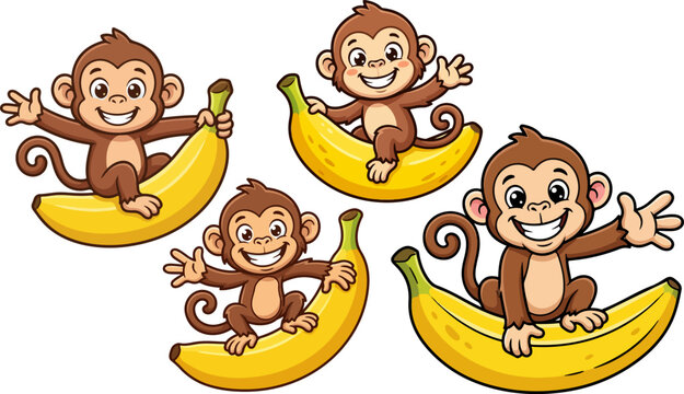 Playful brown cartoon monkeys riding on large yellow banana fruits