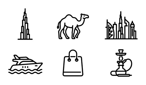 UAE Icons Set: Dubai Skyline, Camel, Yacht, Shopping Bag, Hookah, Vector Graphics