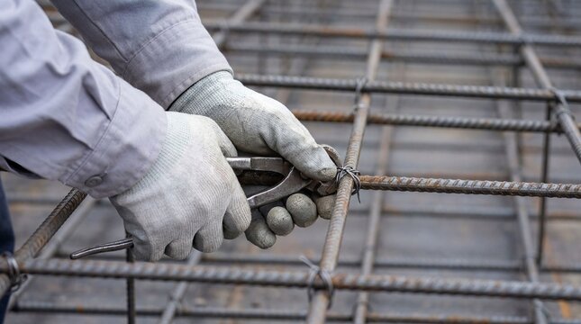 Professional builder using pliers to secure steel reinforcement bars with binding wire at a construction project
