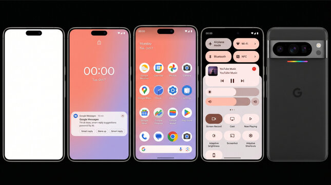 Modern smartphone UI kit mockup featuring Google Pixel 8 Pro home screen with app icons, lock screen notifications, quick settings menu and device back view for mobile app interface design presentatio