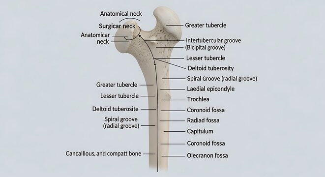 Detailed Human Humerus Bone Anatomy Diagram on Light Background