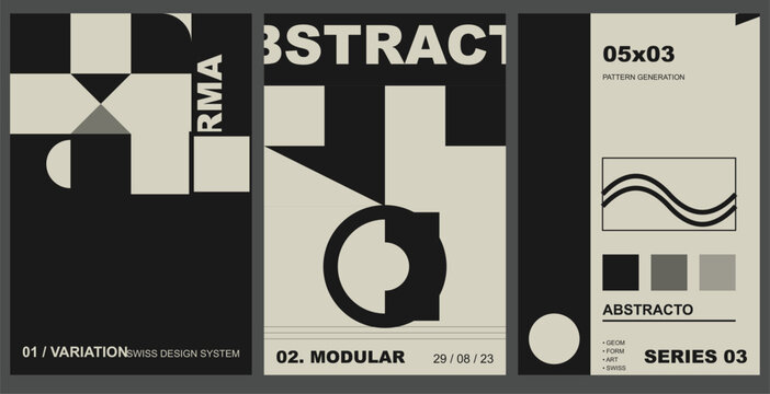 Abstract modular geometric posters with Swiss design system and bold typography for modern branding templates