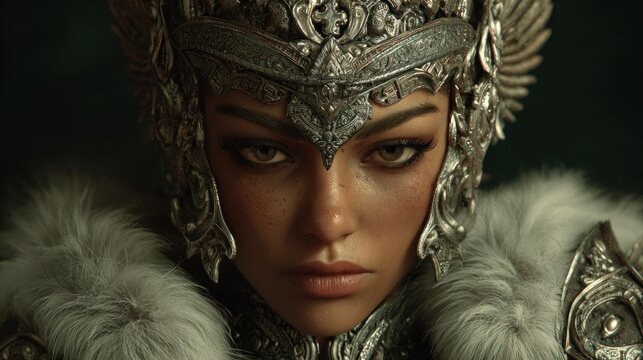 Woman with elaborate headwear looking directly at the viewer with a serious expression