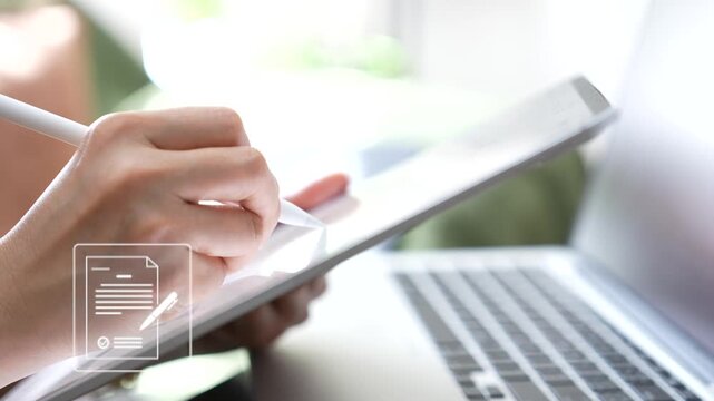 Person using stylus pen with digital document approval electronic signature on tablet,Business workflow,Paperless contract management,Online verification,Secure authentication,Productivity digital 