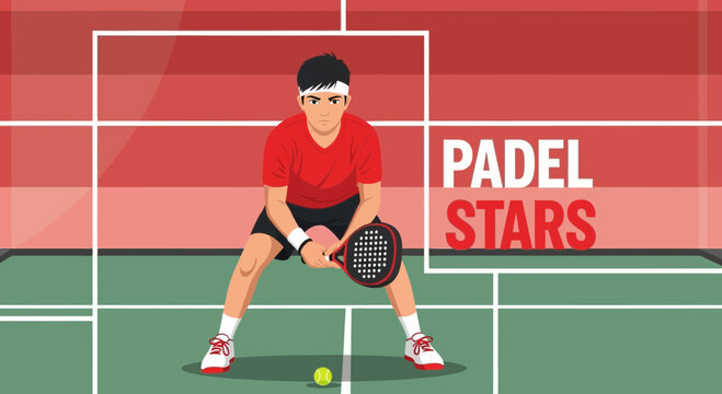 Young Athlete Ready To Play Padel In Illustrated Style With Padel Stars Text Above