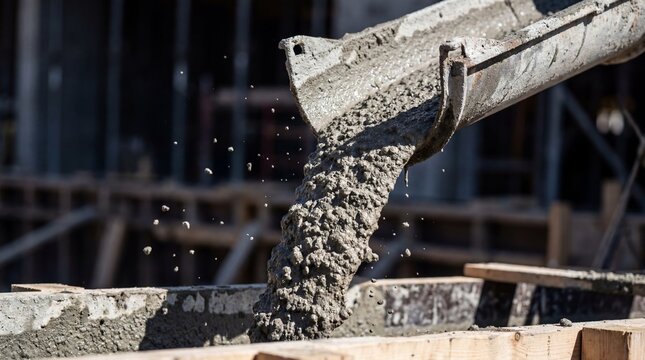 Fresh concrete mix pouring from a metal chute into wooden frame during building foundation construction