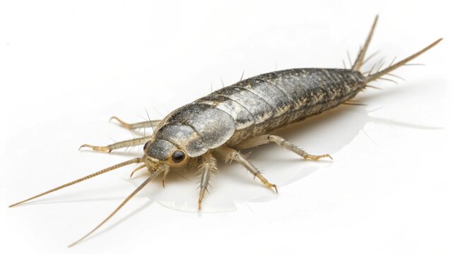 Silverfish Insect Close-Up: A detailed macro shot of a silverfish insect showcasing its segmented body, long antennae, and six legs, isolated on a white background.