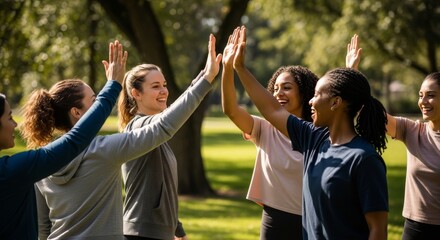 Fototapeta premium Diverse young women in athletic wear high-fiving outdoors in a park.
