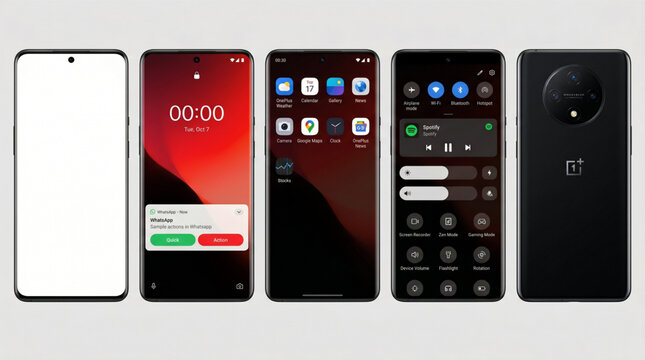 Flagship Android smartphone UI UX mobile app design kit featuring lock screen, home screen, control center, message notification and back camera module view isolated on neutral background.