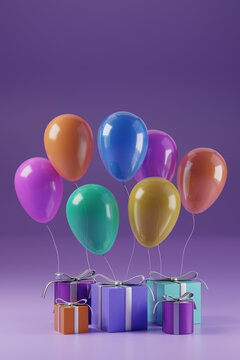 Colorful 3D balloons and gift boxes with copy space 